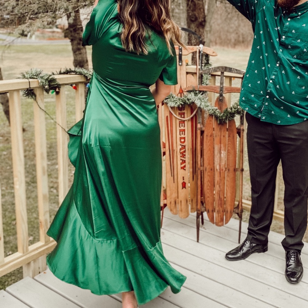 Green high low satin dress